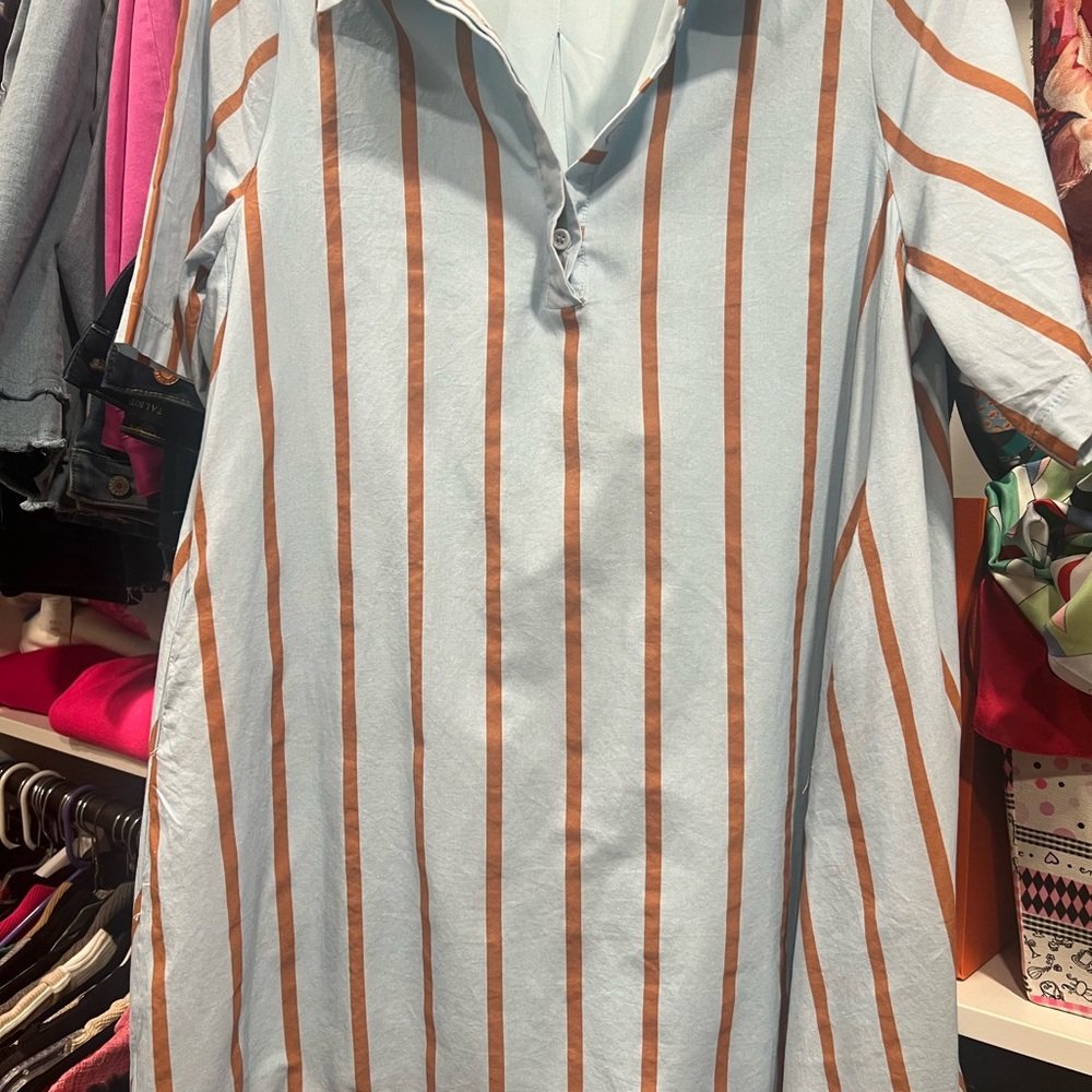Casual Striped Blue and Brown Button Down Dress